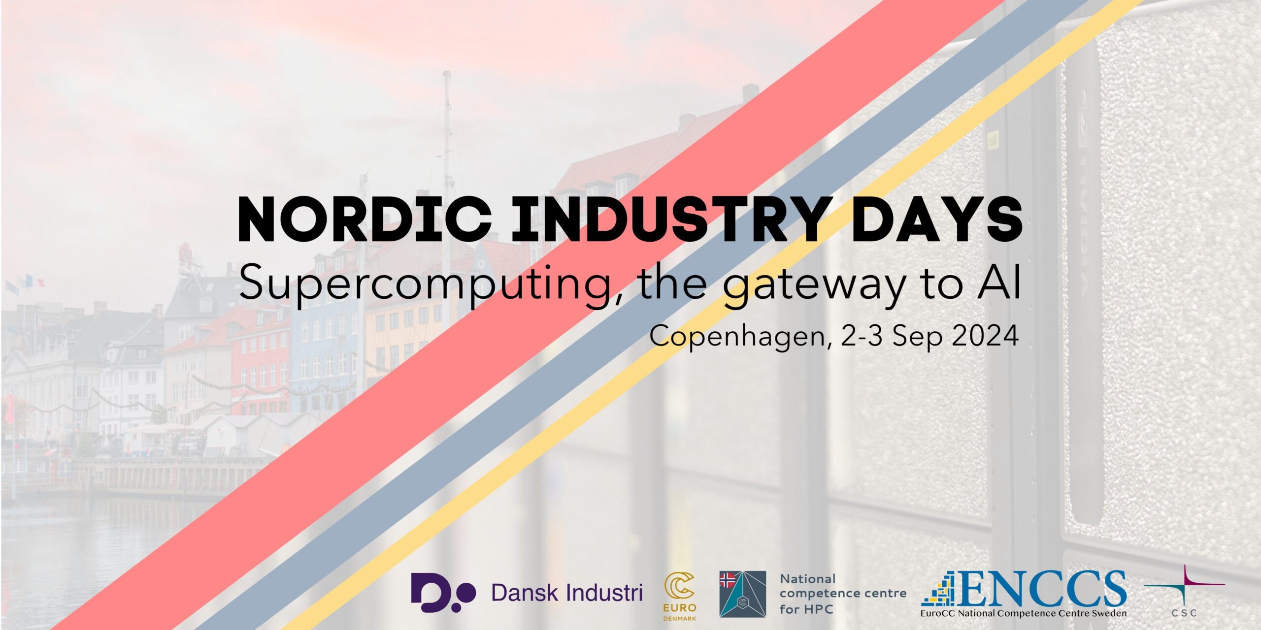An image of Copenhagen merges with a supercomputer. A diagonal stripe through the title "Nordic Industry Days - Supercomputing the gateway to AI"