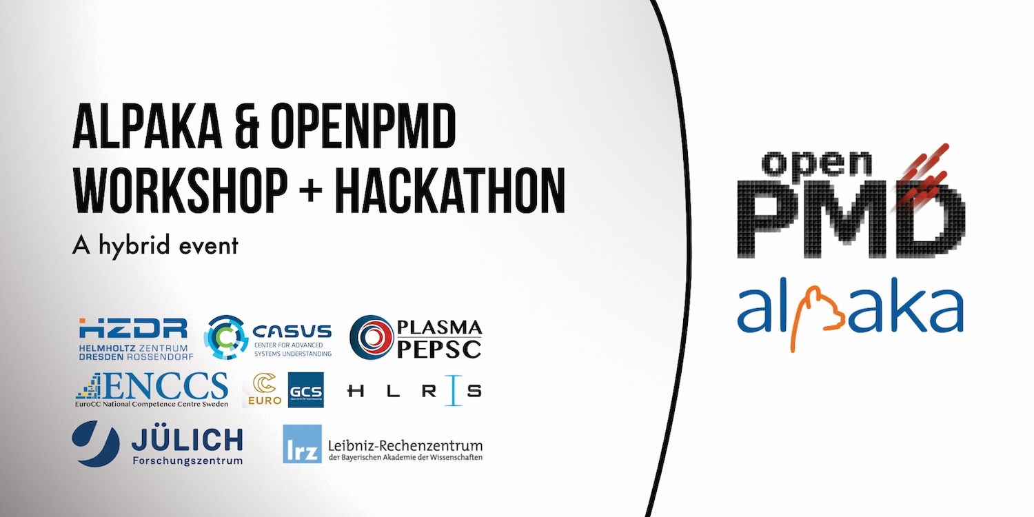 alpaka and openPMD logos along with logos of all organising entities. More information on the text.