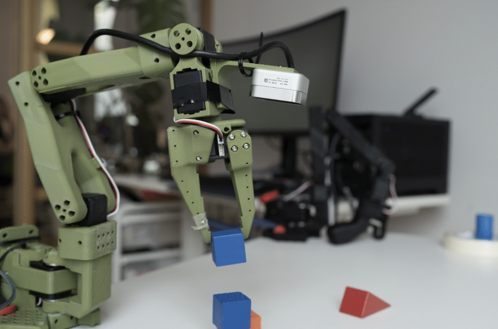 LeRobot stacking cubes, controlled by our proprietary model. Full E2E AI robot integration and control, all the way down to the joint angles (no legacy code).