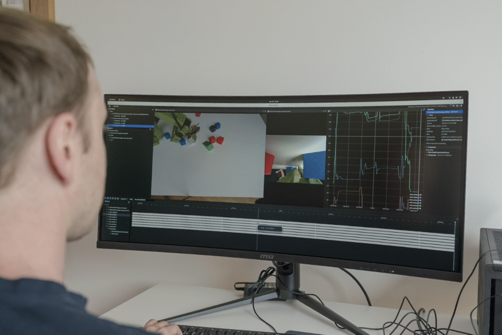 Screen showing camera-on-hand robot view and top camera view, and graph of robot joint angle
values.